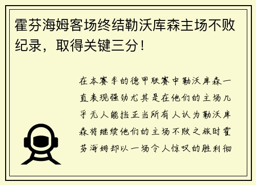 霍芬海姆客场终结勒沃库森主场不败纪录，取得关键三分！